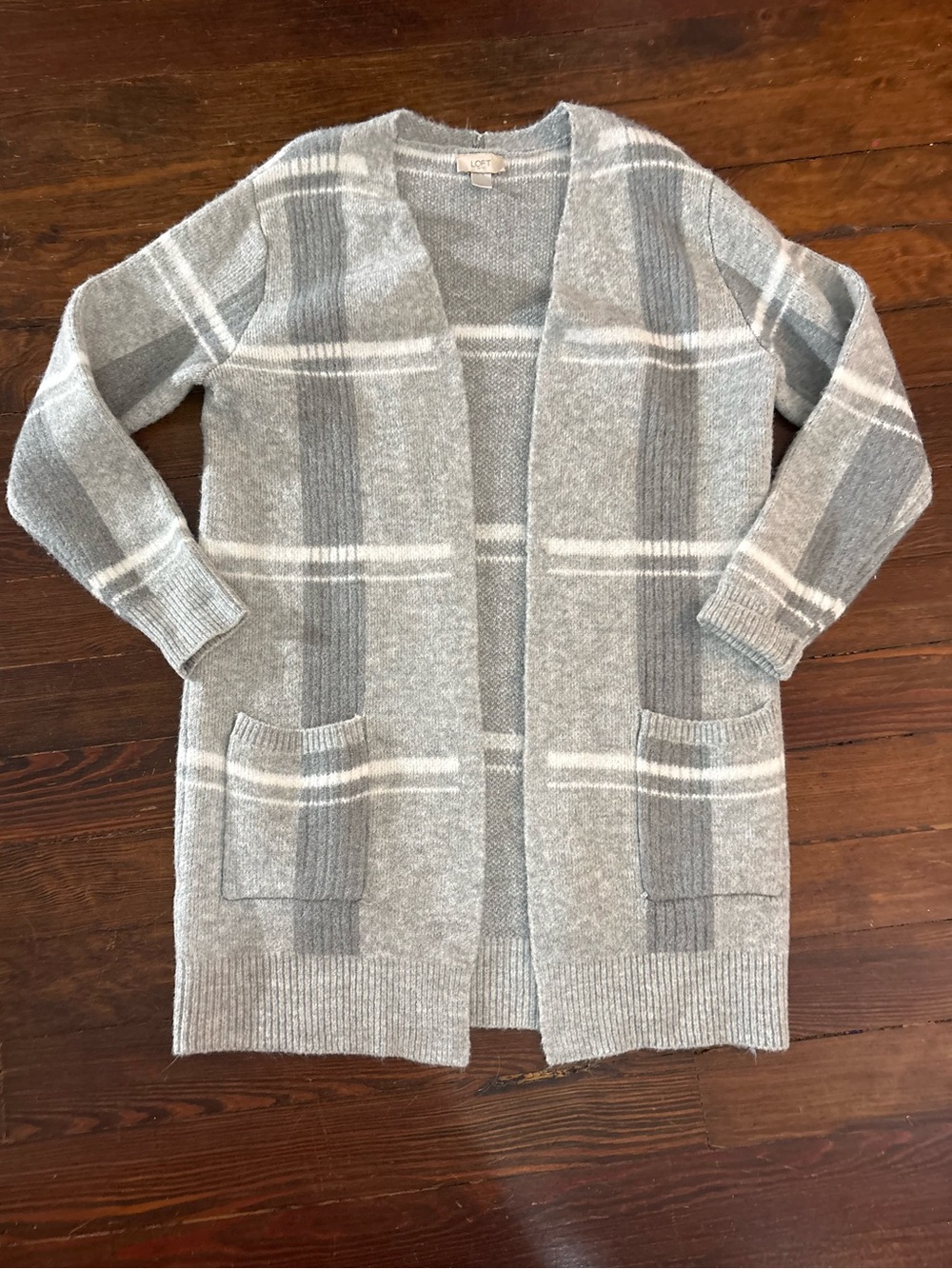 Loft Ann Taylor gray plaid long cardigan sweater size L